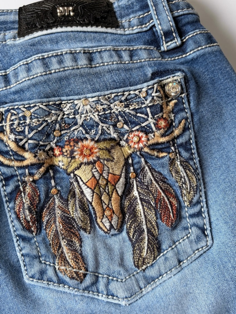 Miss Me Hailey Skinny Jeans Low Rise Embroidery Pocket Rodeo Core Western 31 - Picture 12 of 16